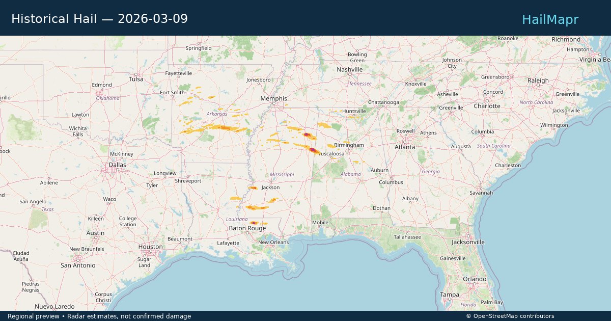 Historical Hail — 2026-03-09 — regional heatmap and storm polygons