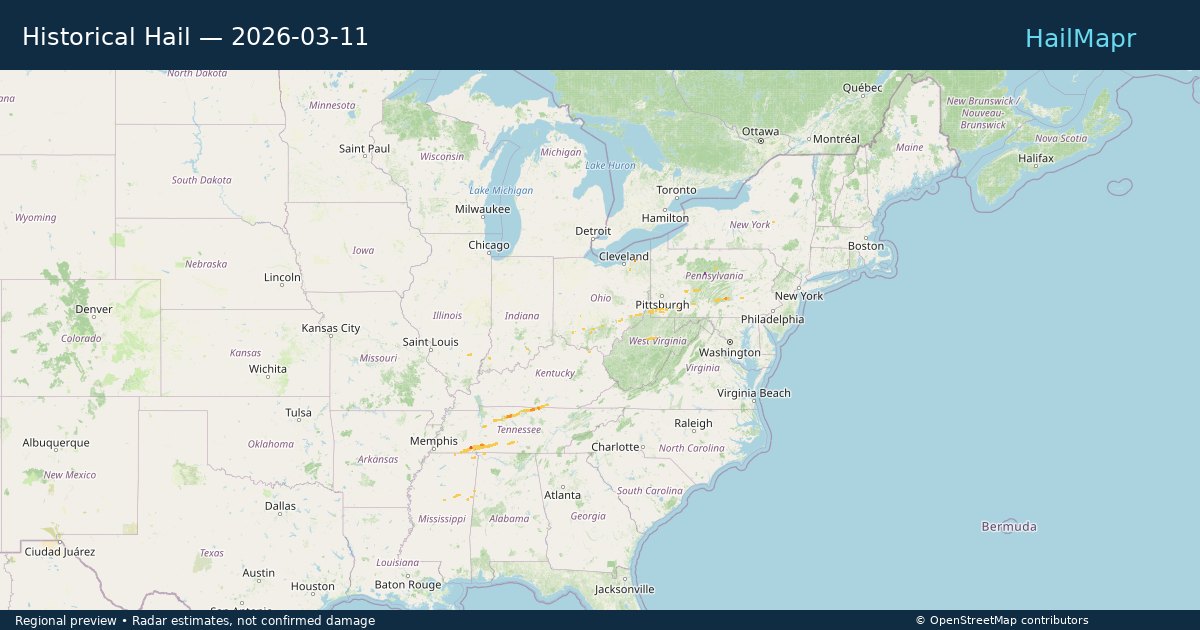 Historical Hail — 2026-03-11 — regional heatmap and storm polygons