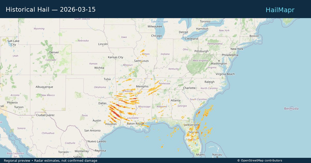 Historical Hail — 2026-03-15 — regional heatmap and storm polygons