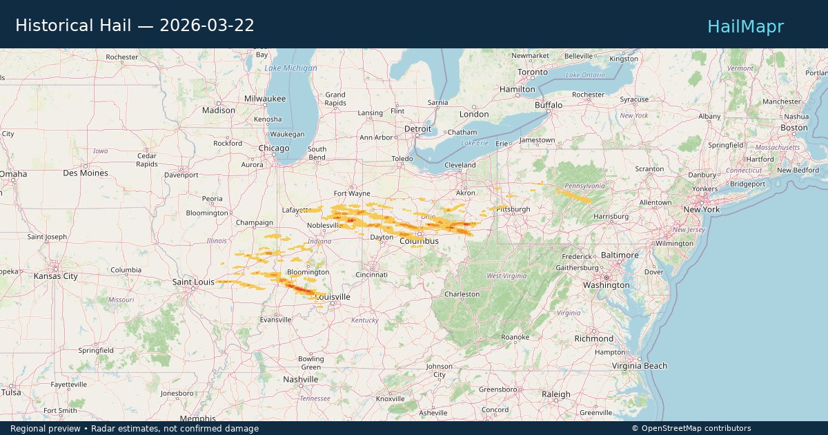 Historical Hail — 2026-03-22 — regional heatmap and storm polygons