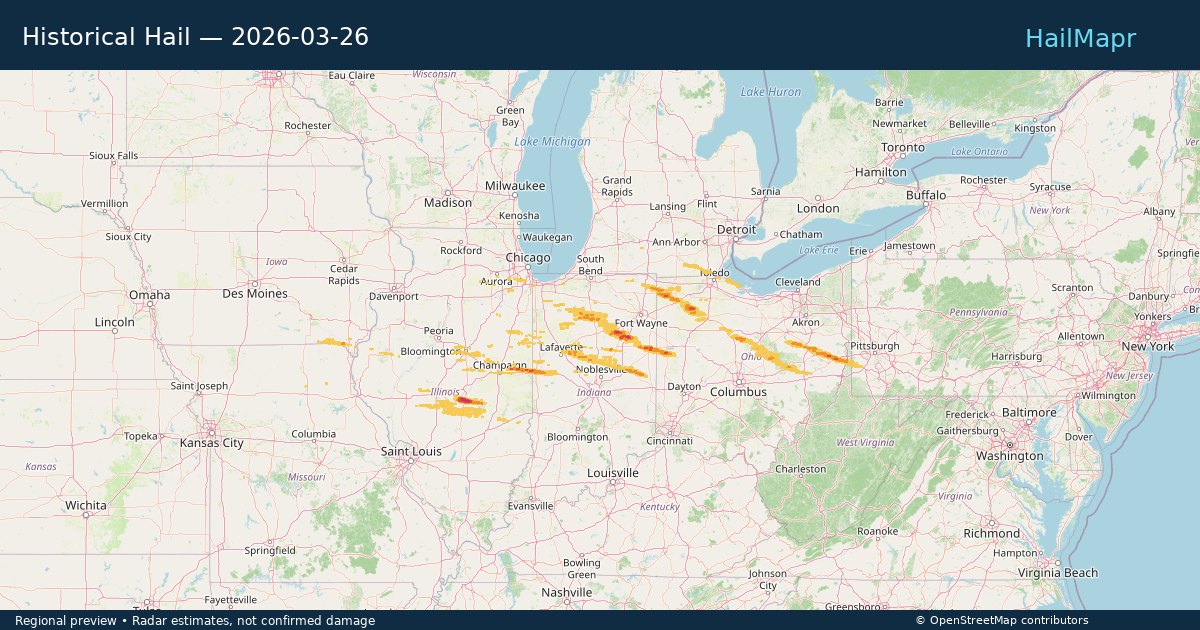 Historical Hail — 2026-03-26 — regional heatmap and storm polygons