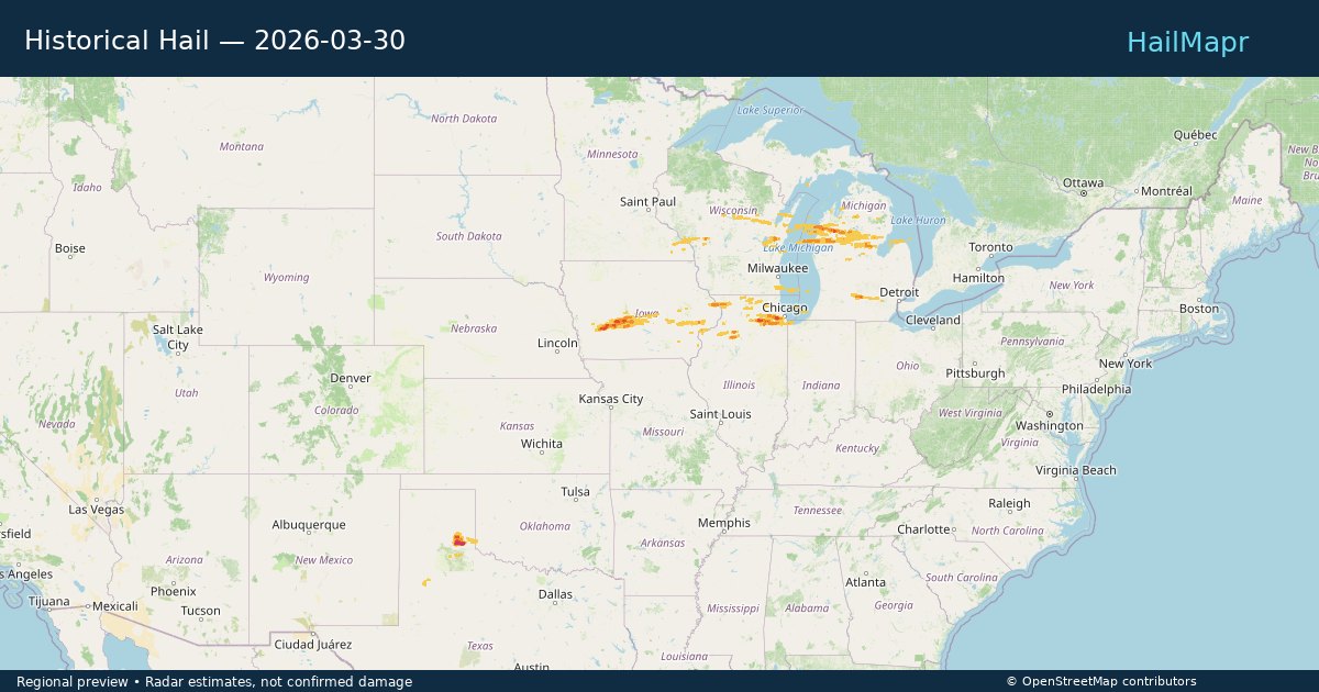 Historical Hail — 2026-03-30 — regional heatmap and storm polygons