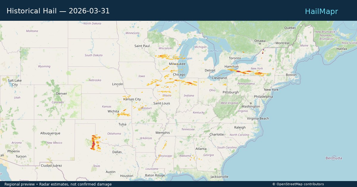 Historical Hail — 2026-03-31 — regional heatmap and storm polygons