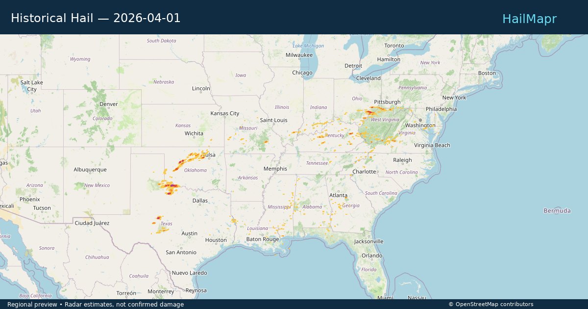 Historical Hail — 2026-04-01 — regional heatmap and storm polygons