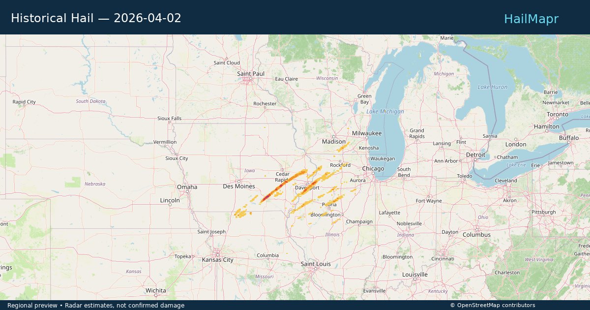 Historical Hail — 2026-04-02 — regional heatmap and storm polygons
