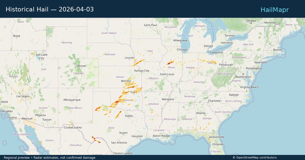 Historical Hail — 2026-04-03 — regional heatmap and storm polygons