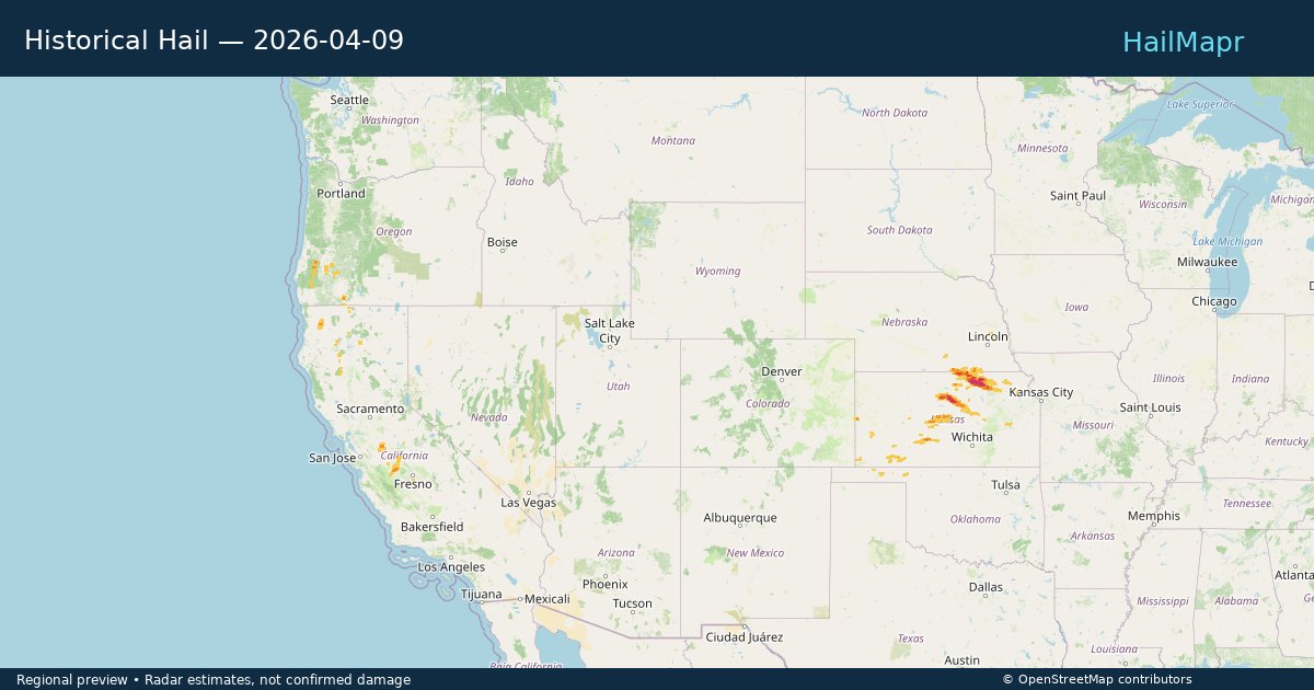 Historical Hail — 2026-04-09 — regional heatmap and storm polygons