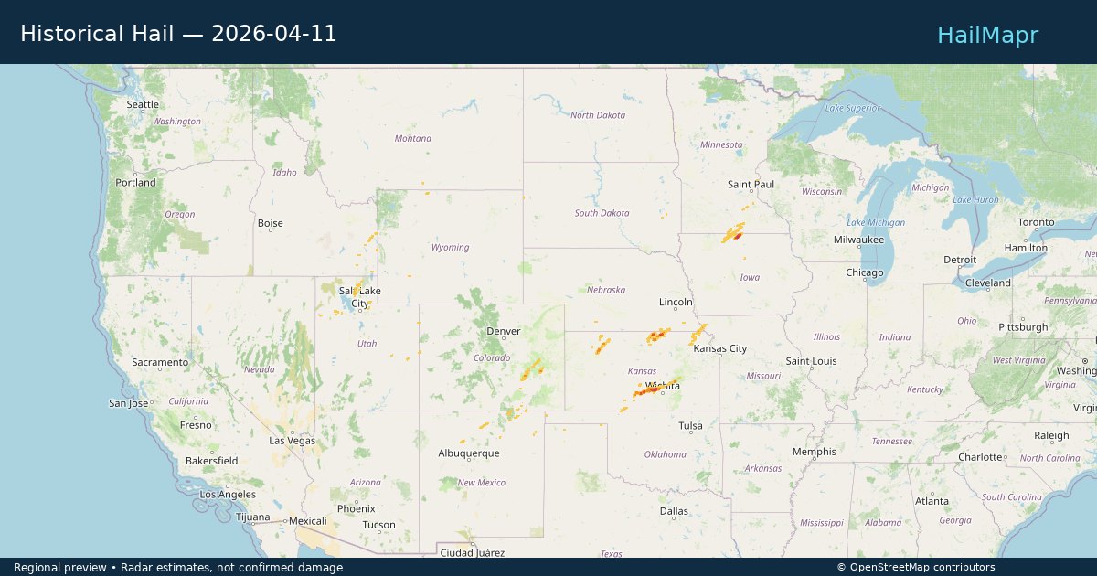 Historical Hail — 2026-04-11 — regional heatmap and storm polygons