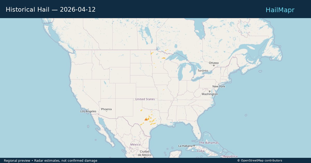 Historical Hail — 2026-04-12 — regional heatmap and storm polygons
