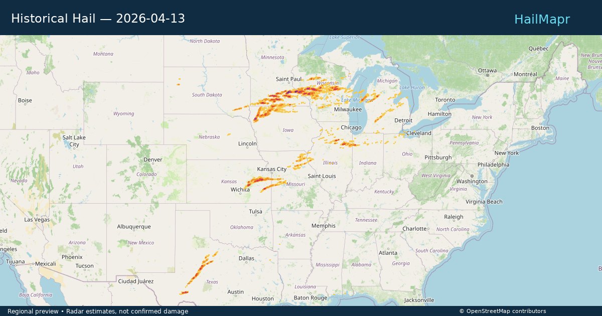 Historical Hail — 2026-04-13 — regional heatmap and storm polygons