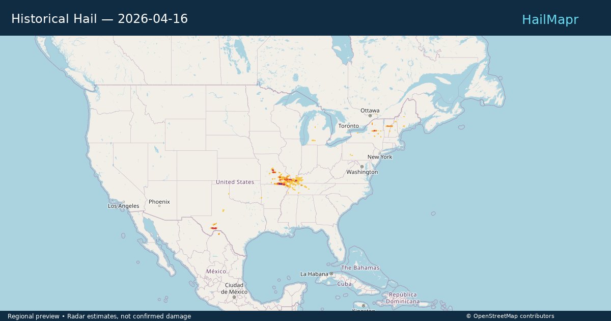 Historical Hail — 2026-04-16 — regional heatmap and storm polygons