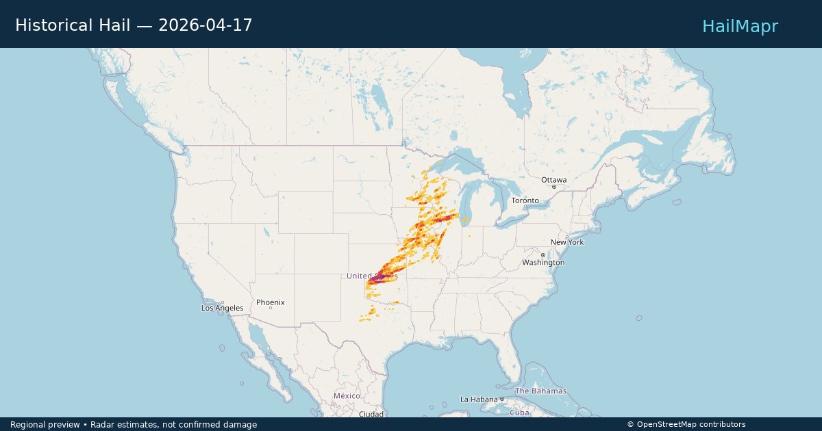 Historical Hail — 2026-04-17 — regional heatmap and storm polygons