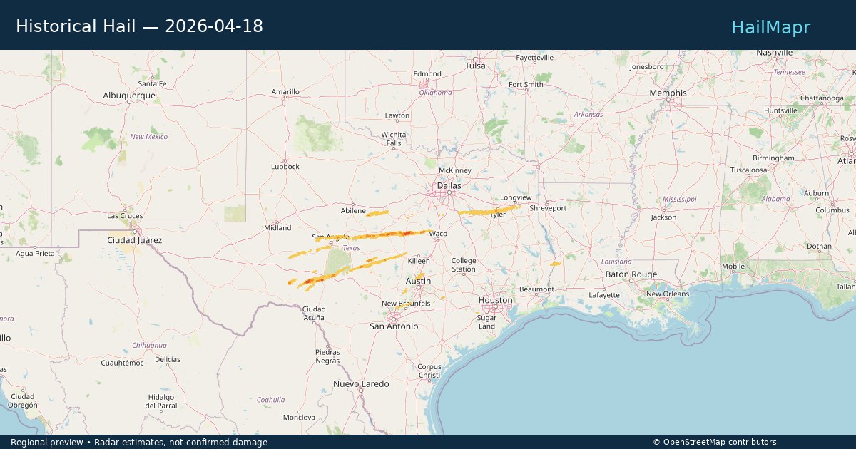 Historical Hail — 2026-04-18 — regional heatmap and storm polygons