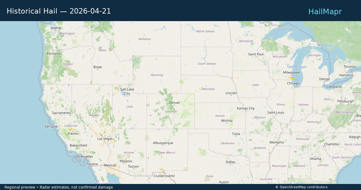 Historical Hail — 2026-04-21 — regional heatmap and storm polygons