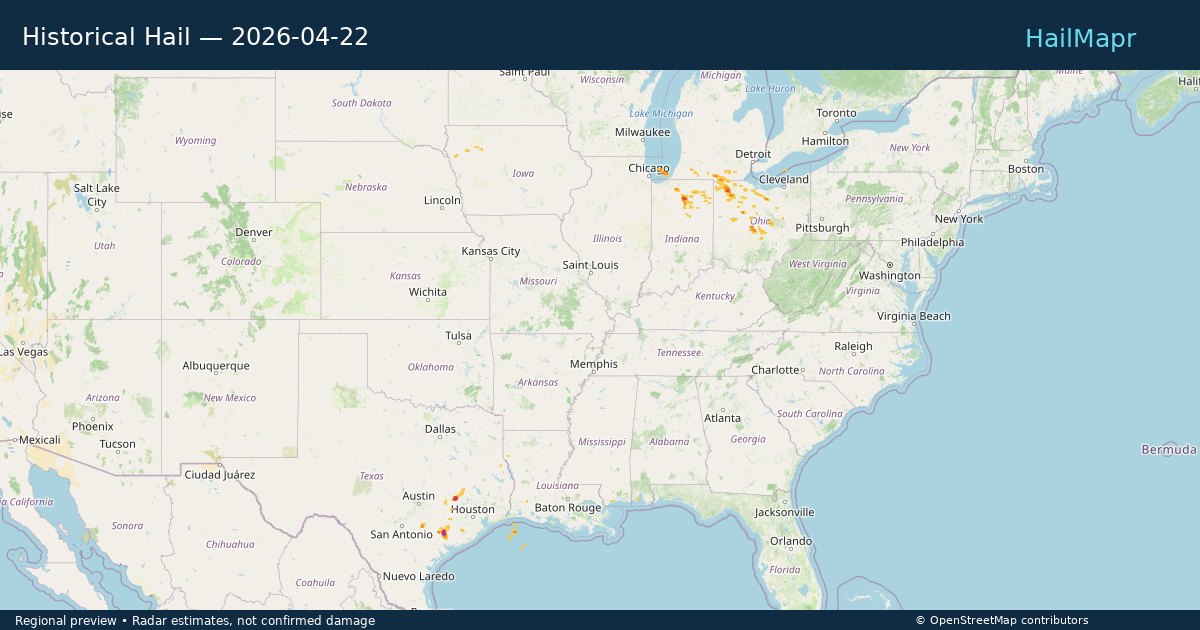 Historical Hail — 2026-04-22 — regional heatmap and storm polygons