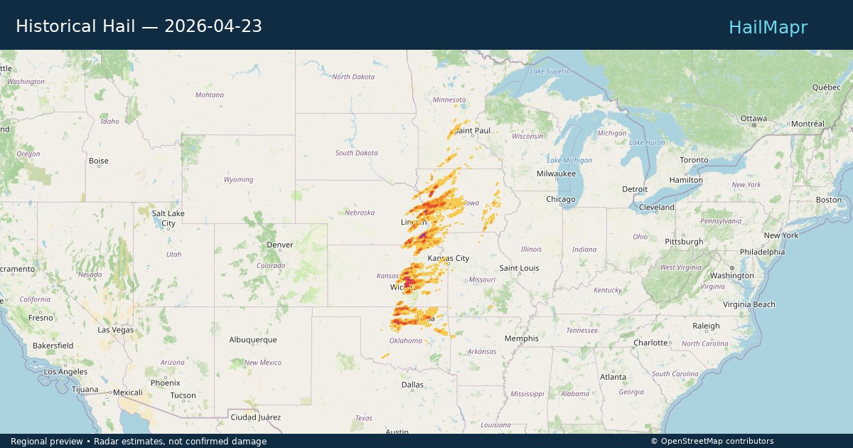 Historical Hail — 2026-04-23 — regional heatmap and storm polygons