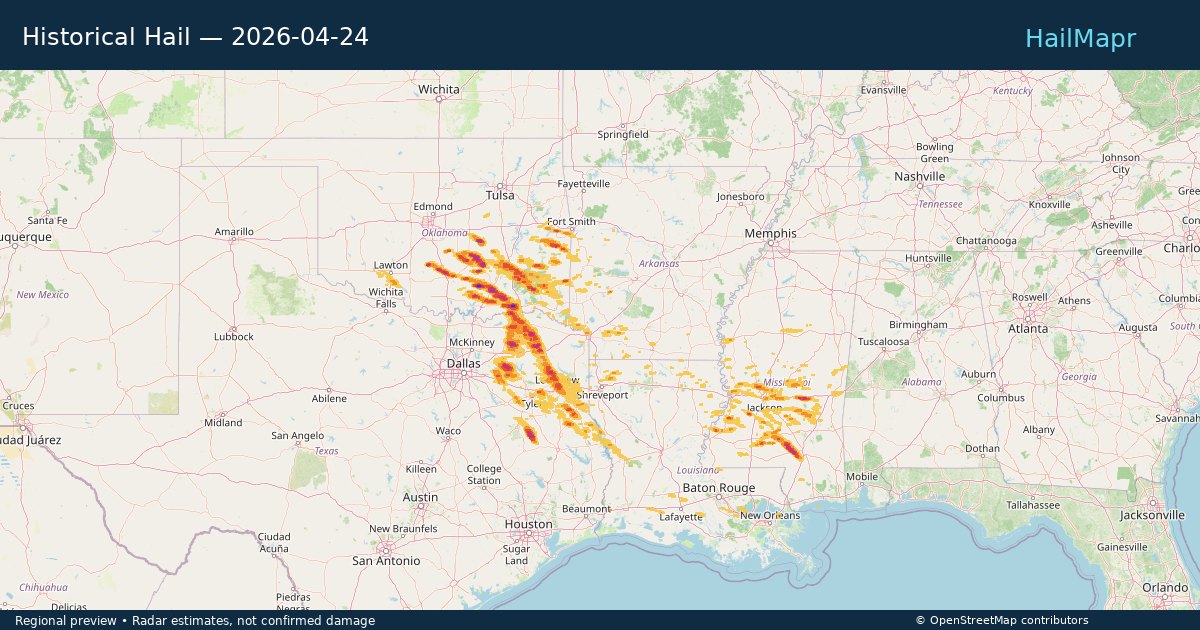 Historical Hail — 2026-04-24 — regional heatmap and storm polygons