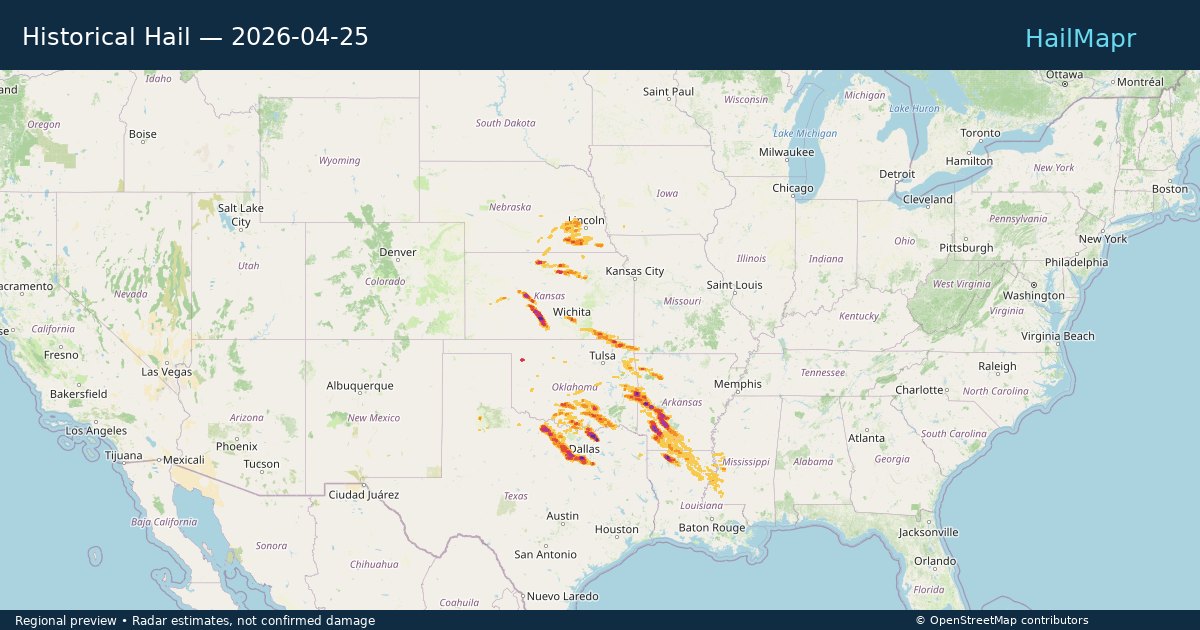 Historical Hail — 2026-04-25 — regional heatmap and storm polygons