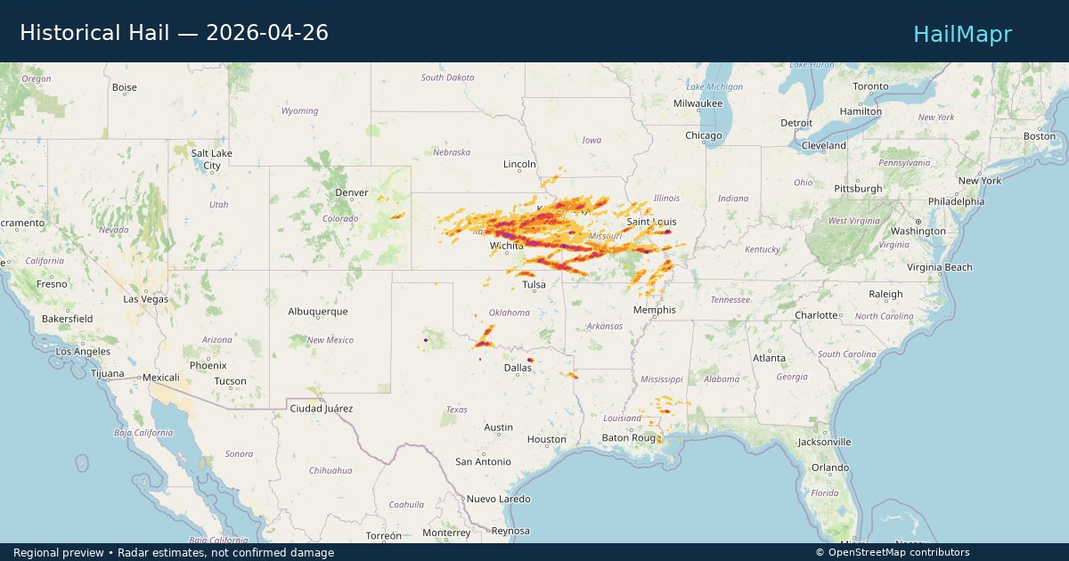 Historical Hail — 2026-04-26 — regional heatmap and storm polygons