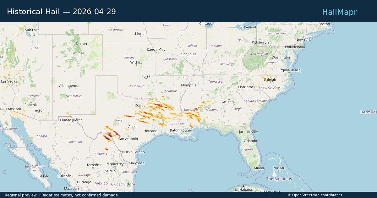 Historical Hail — 2026-04-29 — regional heatmap and storm polygons