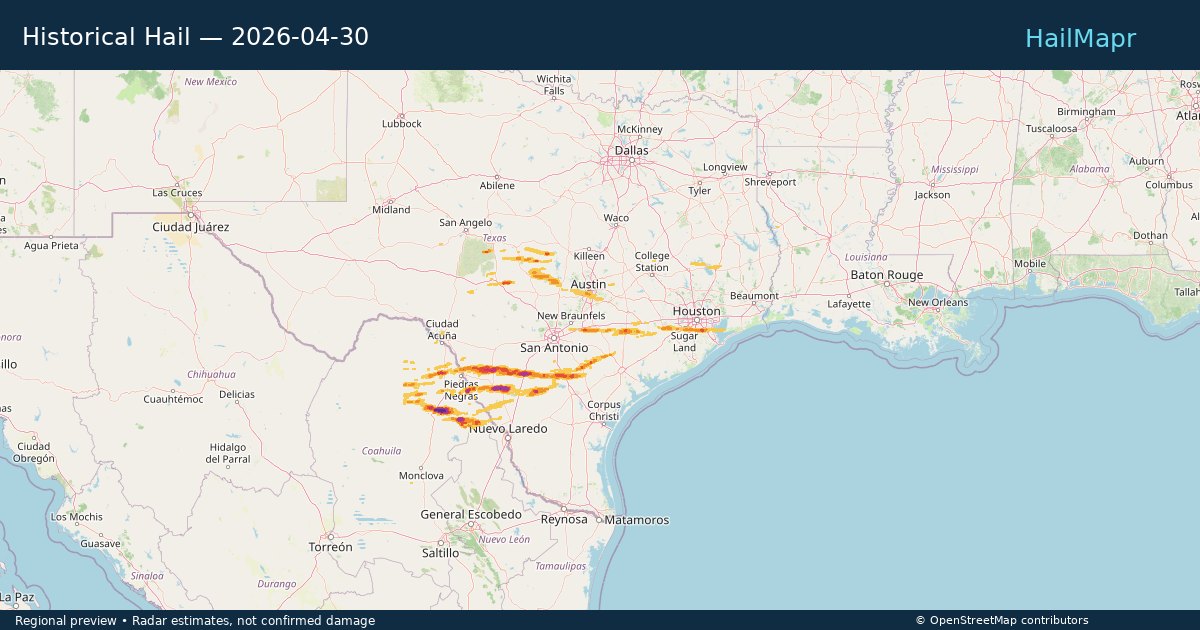 Historical Hail — 2026-04-30 — regional heatmap and storm polygons