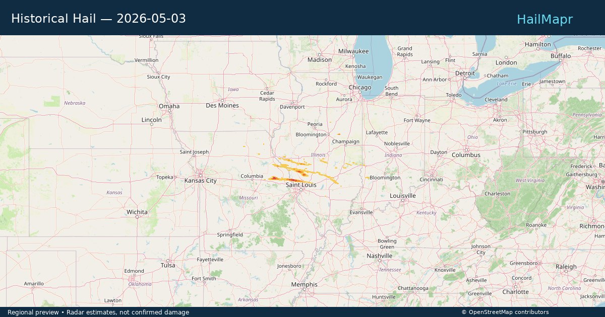Historical Hail — 2026-05-03 — regional heatmap and storm polygons