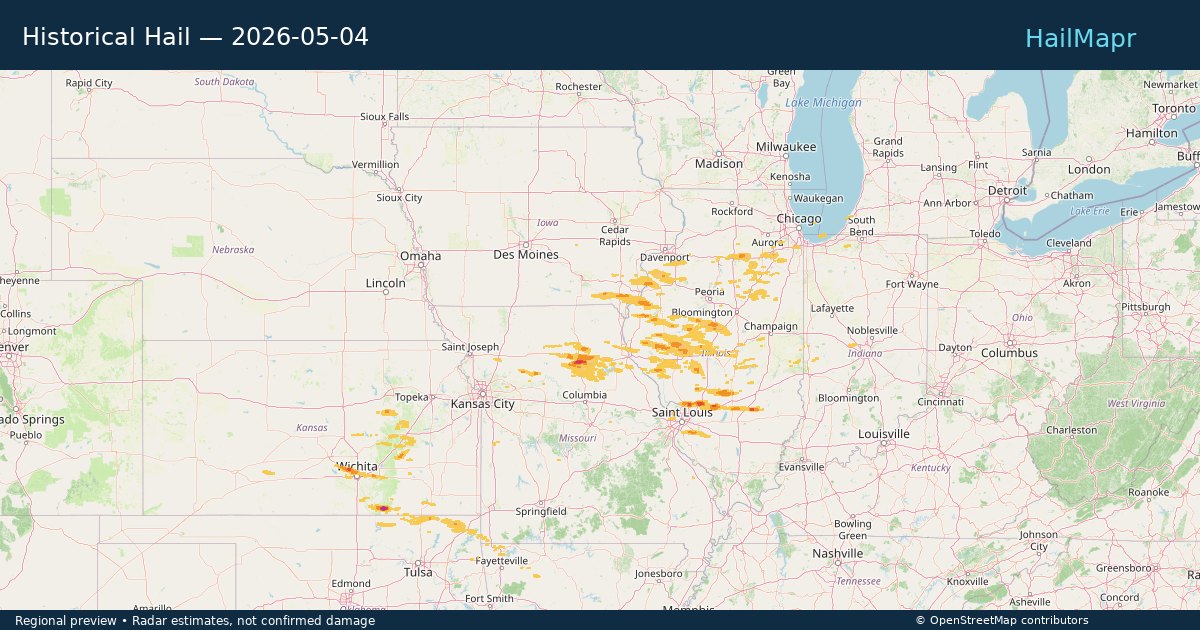 Historical Hail — 2026-05-04 — regional heatmap and storm polygons