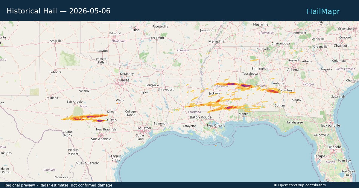 Historical Hail — 2026-05-06 — regional heatmap and storm polygons