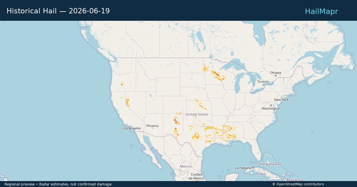 Historical Hail — 2026-06-19 — regional heatmap and storm polygons