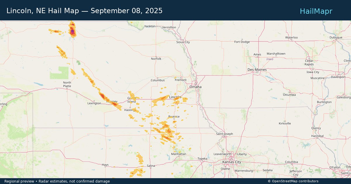 Lincoln, NE Hail Map — September 08, 2025 — regional heatmap and storm polygons