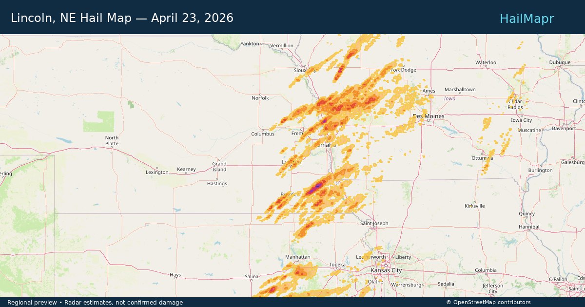 Lincoln, NE Hail Map — April 23, 2026 — regional heatmap and storm polygons