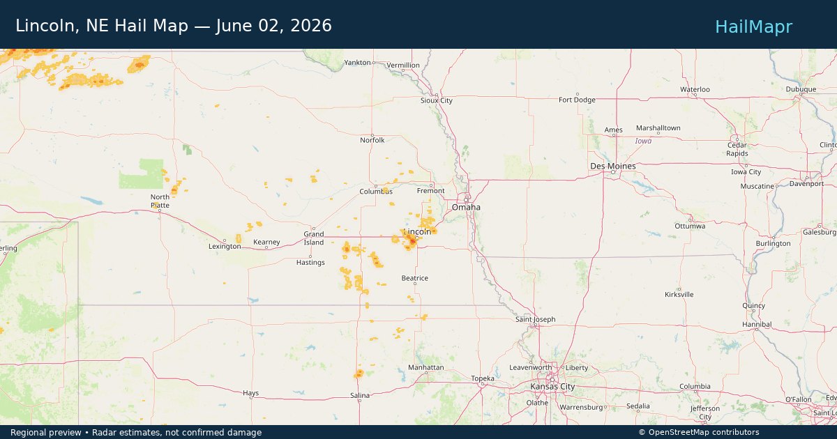 Lincoln, NE Hail Map — June 02, 2026 — regional heatmap and storm polygons