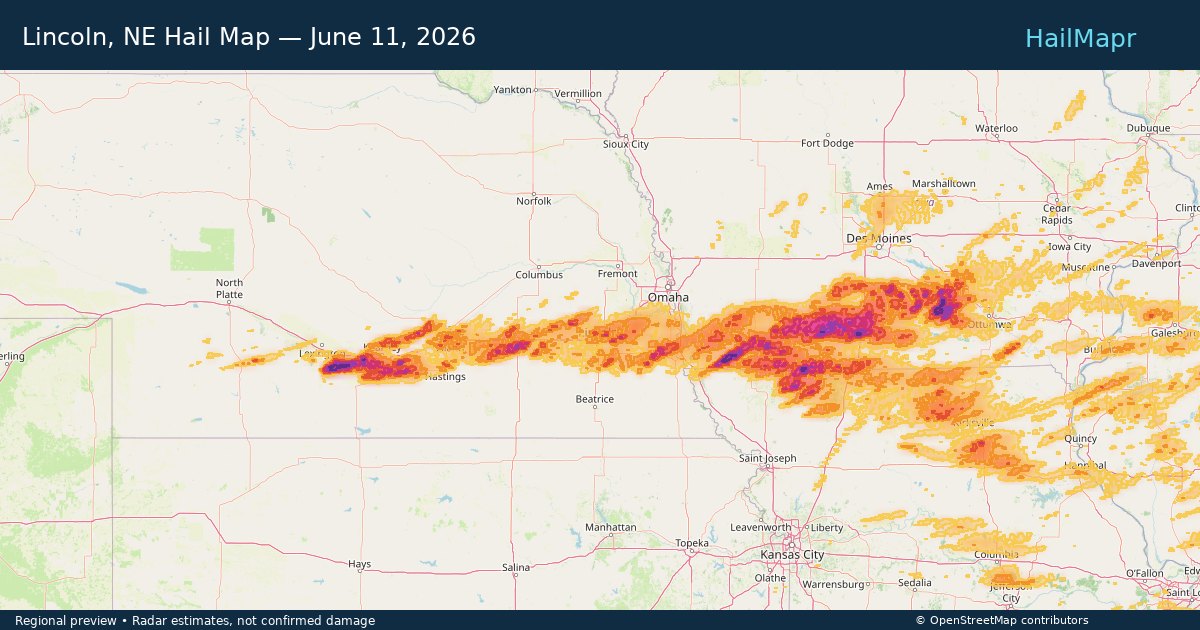 Lincoln, NE Hail Map — June 11, 2026 — regional heatmap and storm polygons