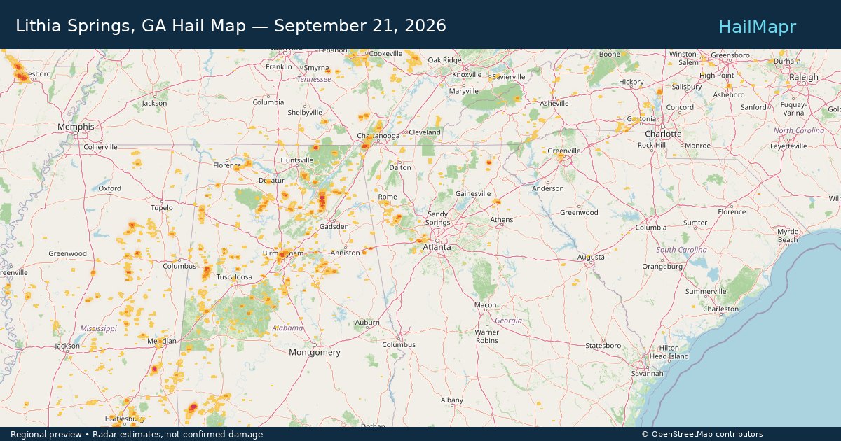 Lithia Springs, GA Hail Map — September 21, 2026 — regional heatmap and storm polygons