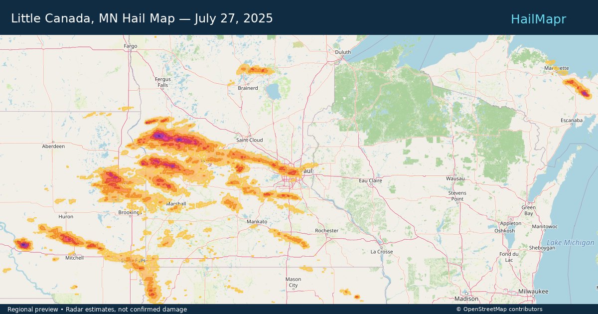 Little Canada, MN Hail Map — July 27, 2025 — regional heatmap and storm polygons