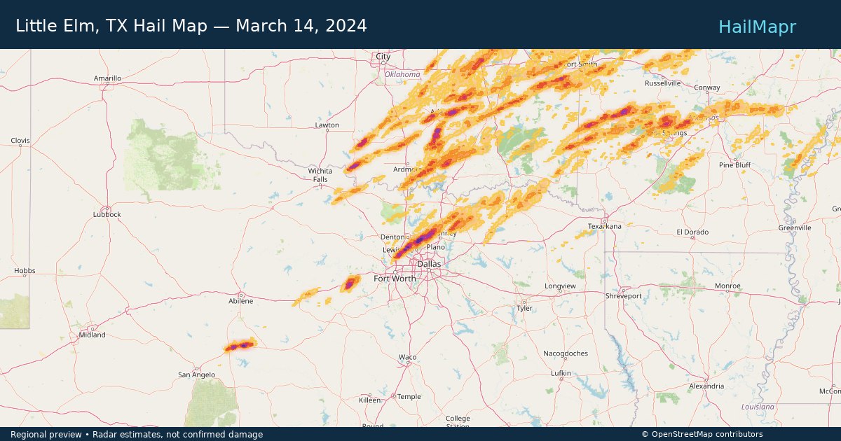Little Elm, TX Hail Map — March 14, 2024 — regional heatmap and storm polygons
