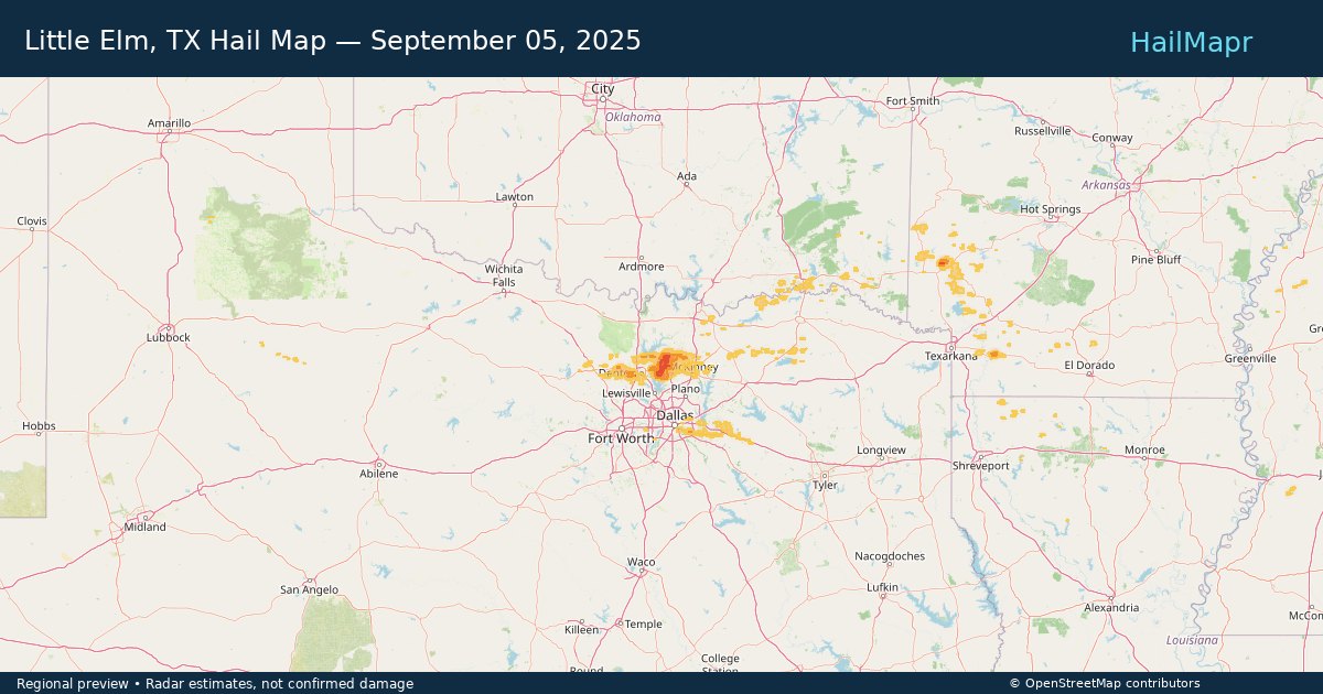 Little Elm, TX Hail Map — September 05, 2025 — regional heatmap and storm polygons