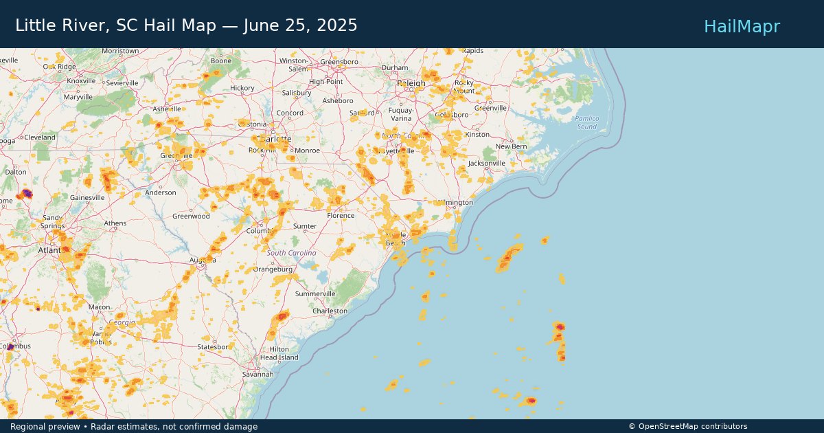 Little River, SC Hail Map — June 25, 2025 — regional heatmap and storm polygons