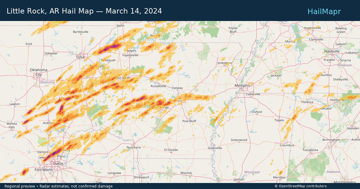 Little Rock, AR Hail Map — March 14, 2024 — regional heatmap and storm polygons