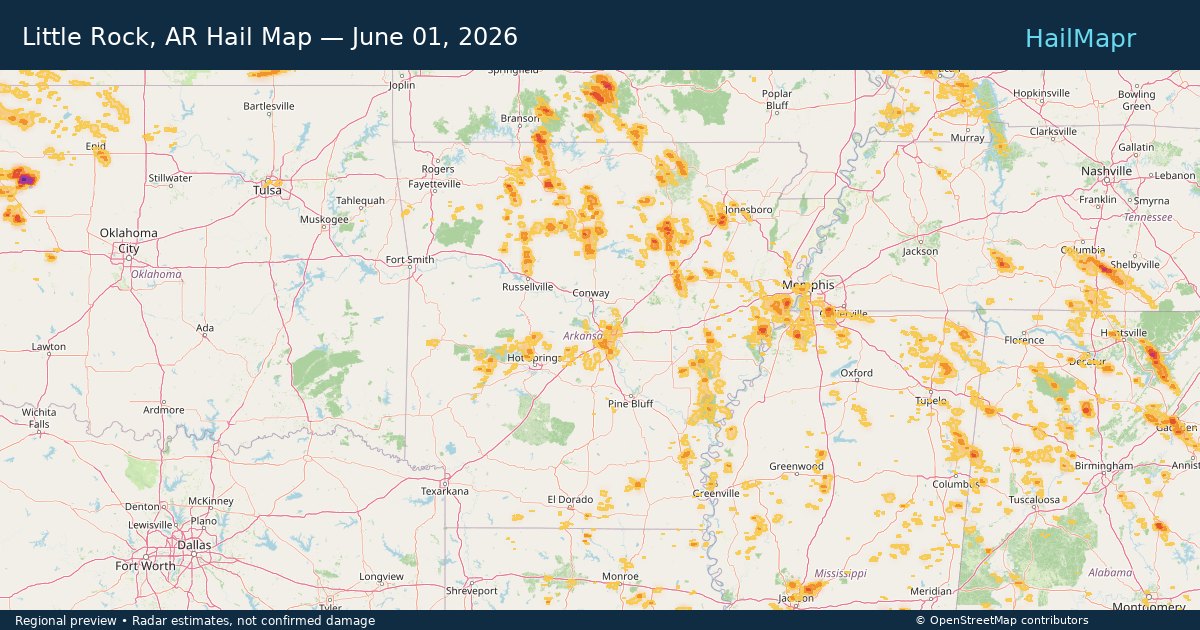 Little Rock, AR Hail Map — June 01, 2026 — regional heatmap and storm polygons