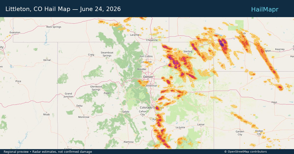 Littleton, CO Hail Map — June 24, 2026 — regional heatmap and storm polygons
