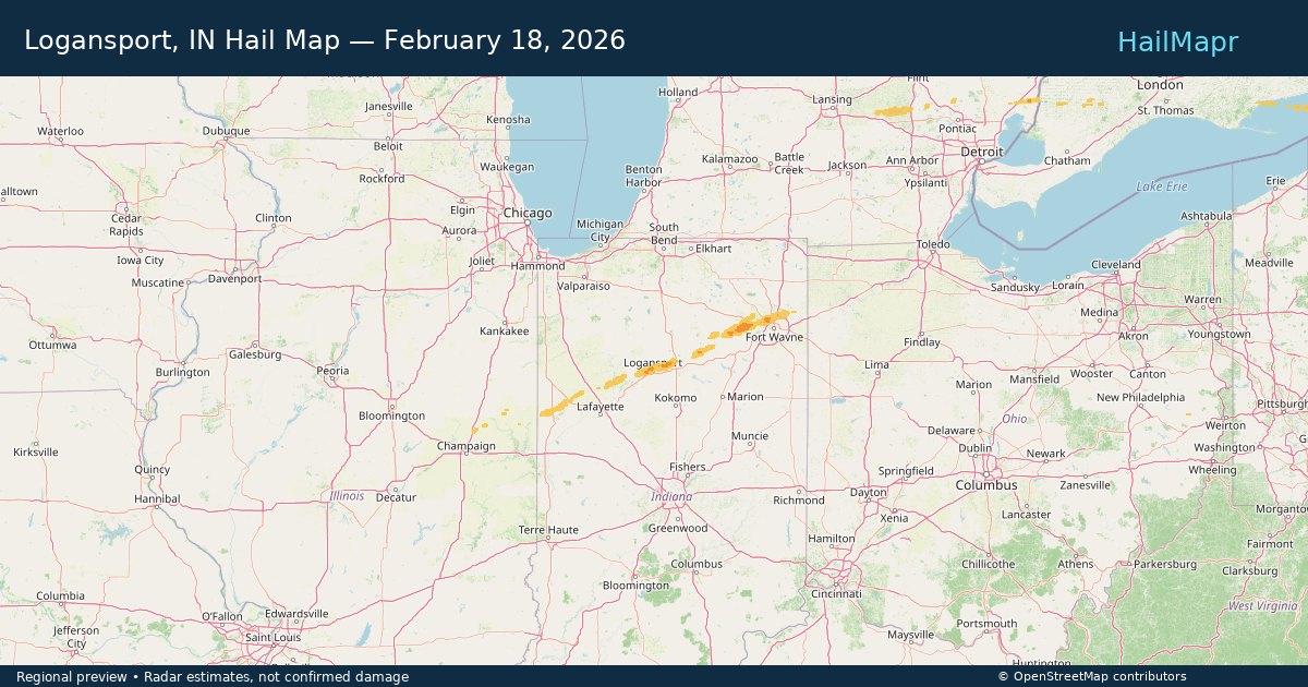 Logansport, IN Hail Map — February 18, 2026 — regional heatmap and storm polygons