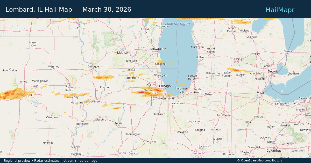 Lombard, IL Hail Map — March 30, 2026 — regional heatmap and storm polygons