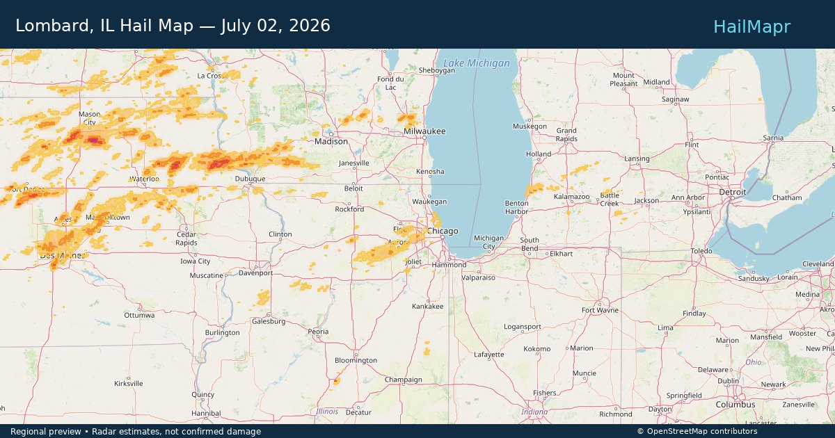 Lombard, IL — July 02, 2026 — regional hail footprint preview