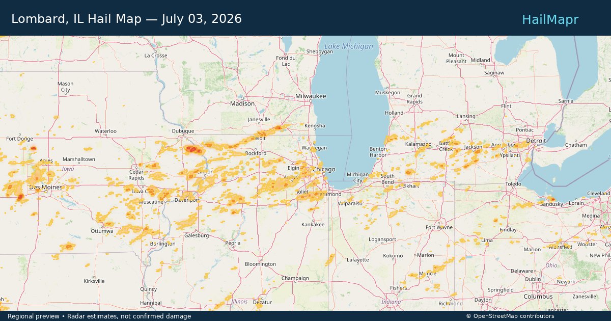 Lombard, IL — July 03, 2026 — regional hail footprint preview