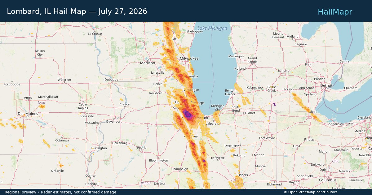 Lombard, IL Hail Map — July 27, 2026 — regional heatmap and storm polygons
