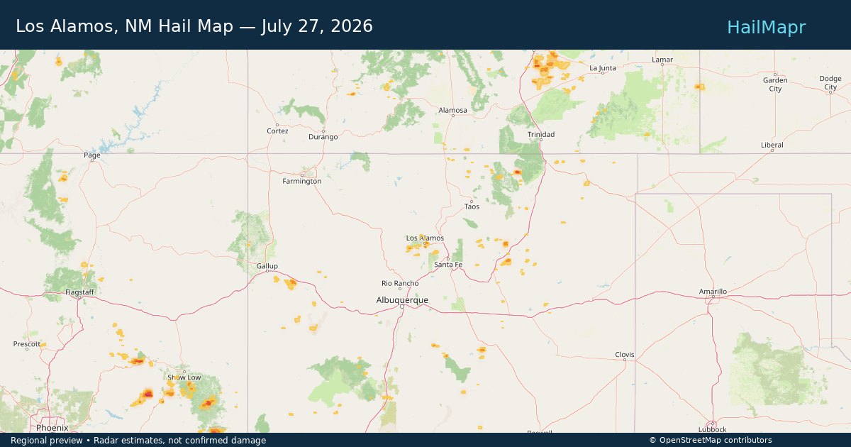 Los Alamos, NM Hail Map — July 27, 2026 — regional heatmap and storm polygons