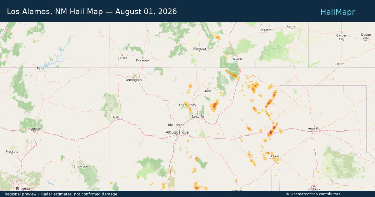 Los Alamos, NM Hail Map — August 01, 2026 — regional heatmap and storm polygons