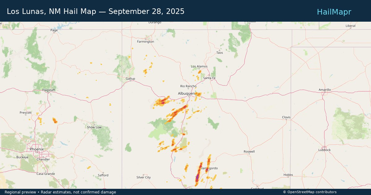 Los Lunas, NM Hail Map — September 28, 2025 — regional heatmap and storm polygons