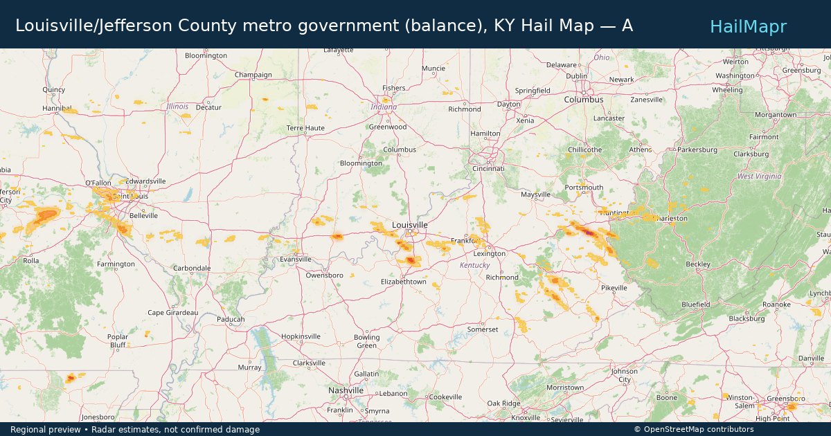 Louisville/Jefferson County metro government (balance), KY Hail Map — August 16, 2026 — regional heatmap and storm polygons